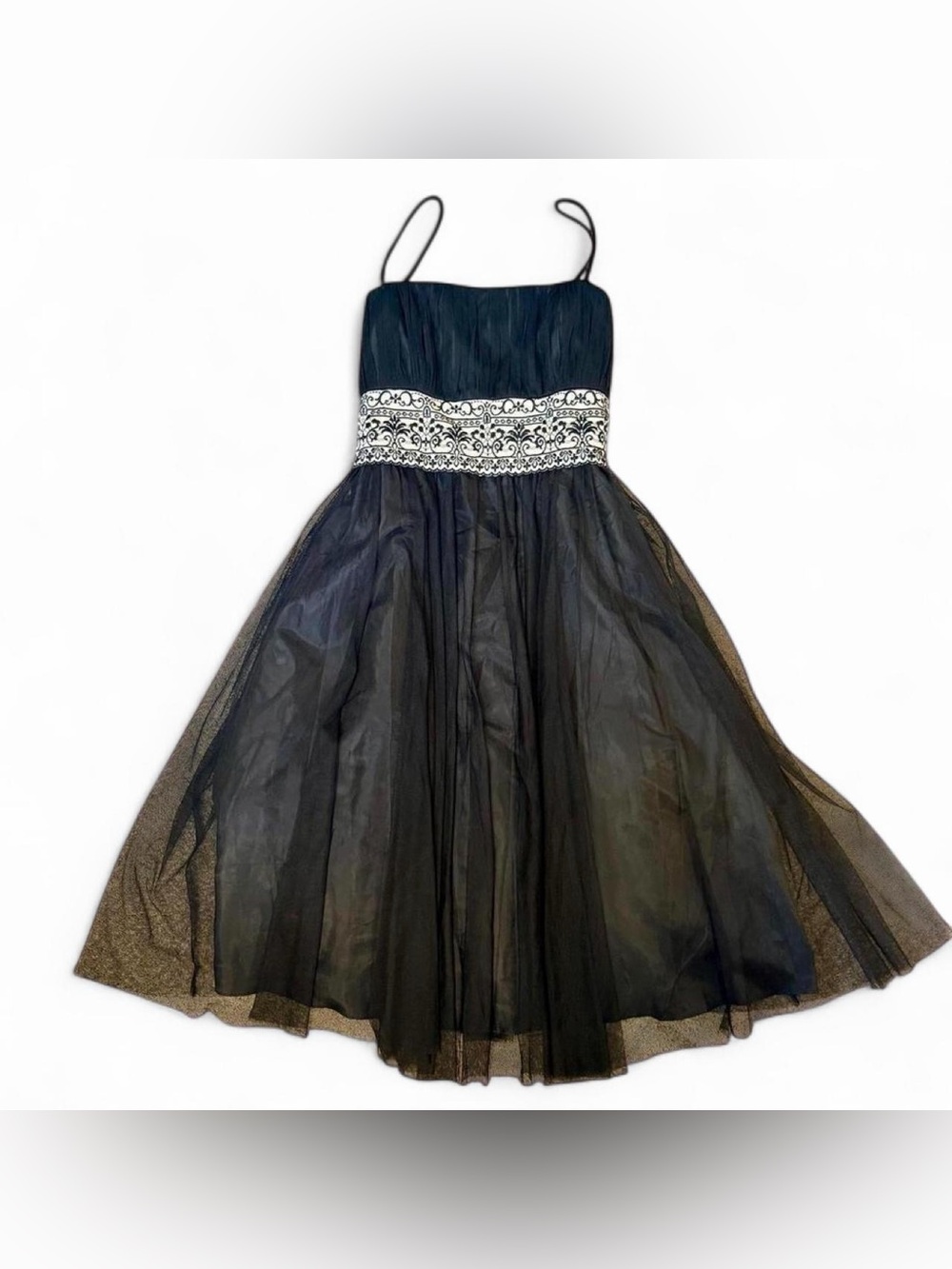 90s Black Tulle A-Line Formal Cocktail Midi Dress With Embroidered Sash - Sz 14 - Picture 1 of 6